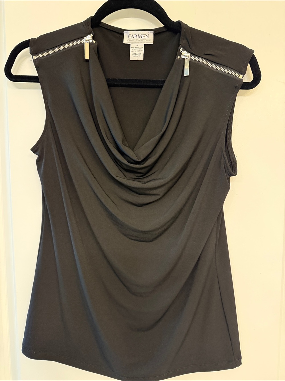 Carmen Marc Valvo Black Draped Cowl Neck Sleeveless Top with Silver Zippers